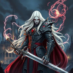An epic fantasy illustration featuring Elric of Melnibone, the albino prince with long flowing white hair and crimson eyes