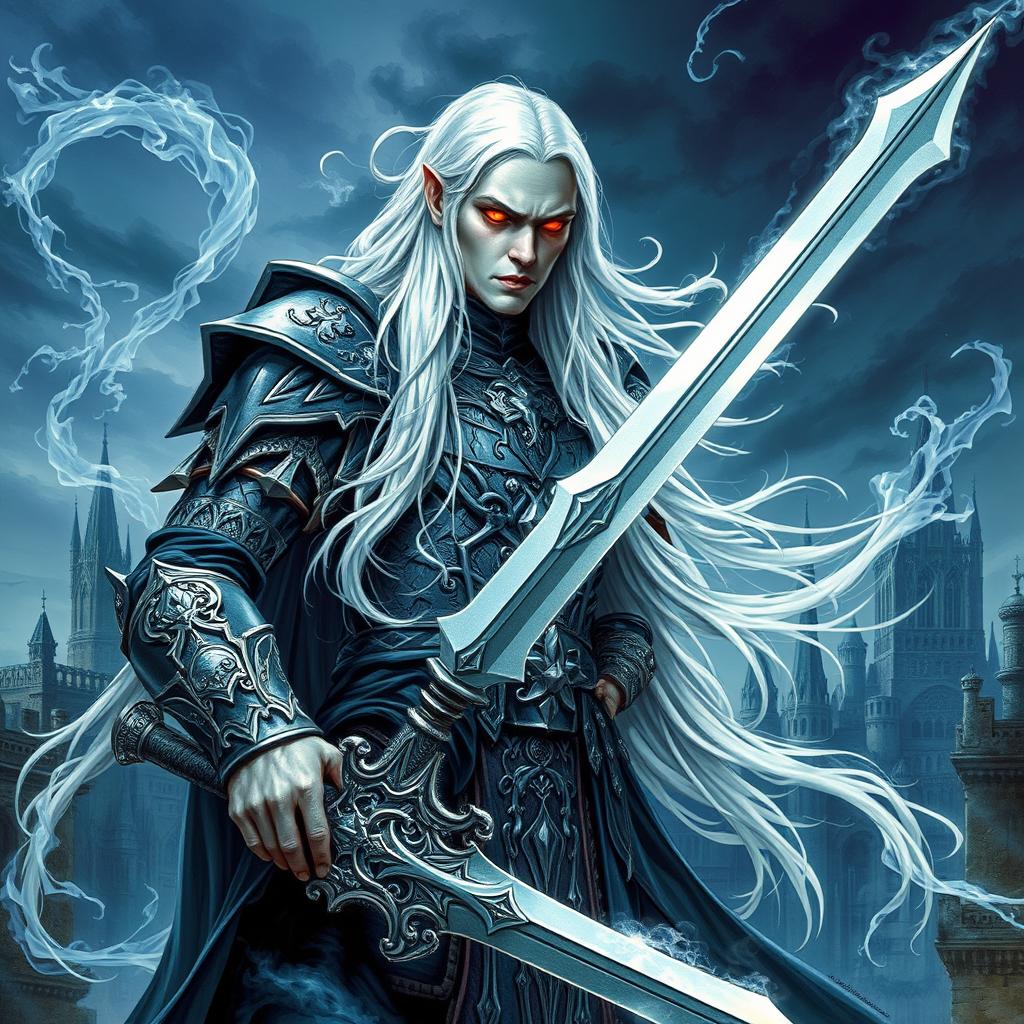 An epic fantasy illustration featuring Elric of Melnibone, the albino prince with long flowing white hair and crimson eyes