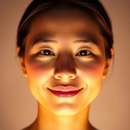 A portrait of a person with their entire face illuminated by soft, warm light, creating an even and flattering glow