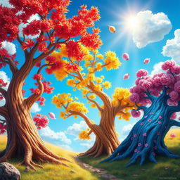 A whimsical digital art scene depicting a fantastical landscape where three vibrant trees are depicted in motion, almost as if they're reaching out to each other