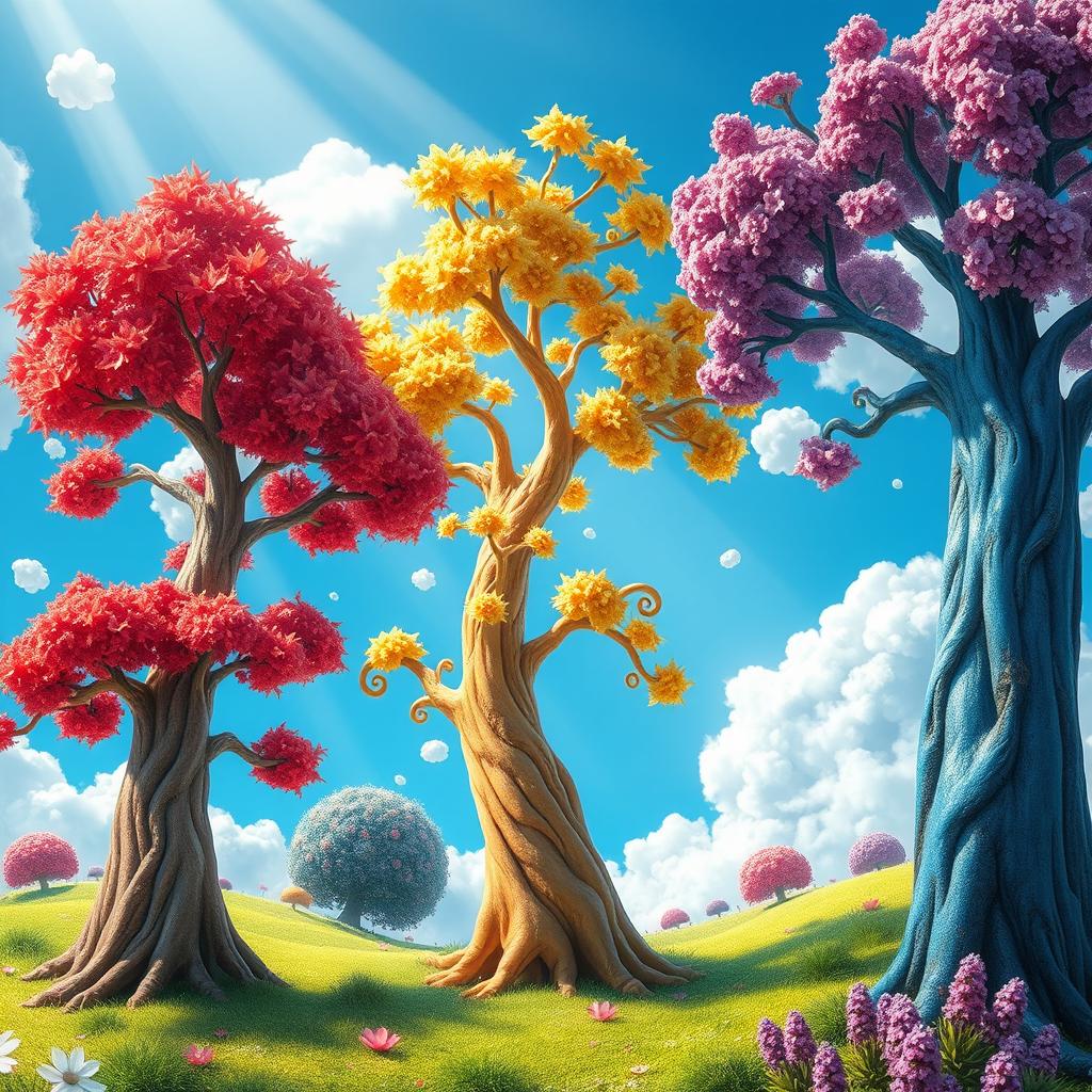 A whimsical digital art scene depicting a fantastical landscape where three vibrant trees are depicted in motion, almost as if they're reaching out to each other