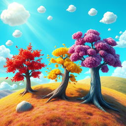 A whimsical digital art scene depicting a fantastical landscape where three vibrant trees are depicted in motion, almost as if they're reaching out to each other