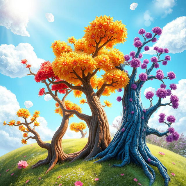 A whimsical digital art scene depicting a fantastical landscape where three vibrant trees are depicted in motion, almost as if they're reaching out to each other