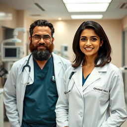 A female doctor named Ghidaa stands confidently in a modern hospital setting, wearing a white coat with her name 'Ghidaa' printed on it