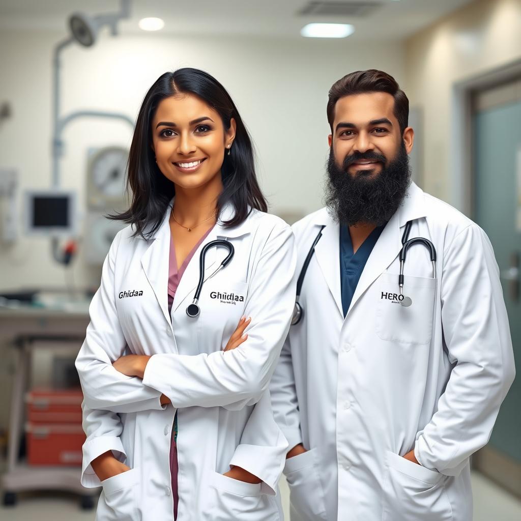 A female doctor named Ghidaa stands confidently in a modern hospital setting, wearing a white coat with her name 'Ghidaa' printed on it