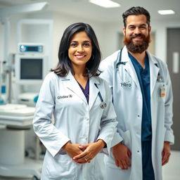 A female doctor named Ghidaa stands confidently in a modern hospital setting, wearing a white coat with her name 'Ghidaa' printed on it