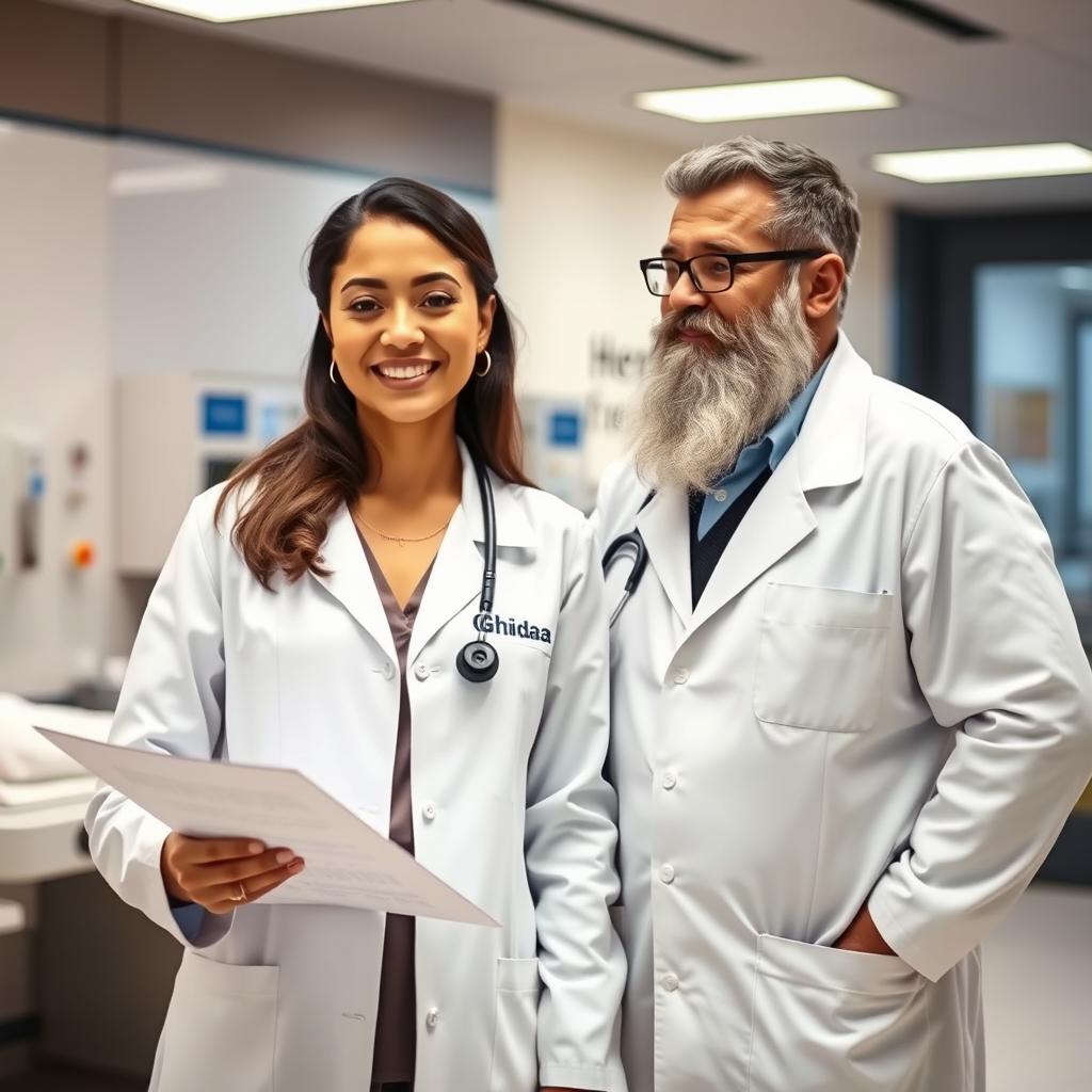 A female doctor named Ghidaa wearing a white lab coat with her name 'Ghidaa' printed prominently on the front