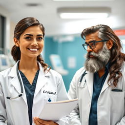 A female doctor named Ghidaa wearing a white lab coat with her name 'Ghidaa' printed prominently on the front