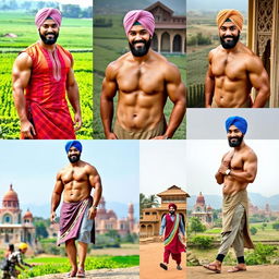 A series of 10-12 images featuring the same muscular Punjabi man named Sunny Singh, wearing a beautifully styled turban