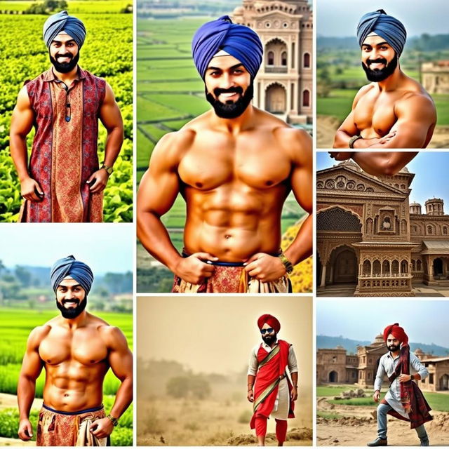 A series of 10-12 images featuring the same muscular Punjabi man named Sunny Singh, wearing a beautifully styled turban