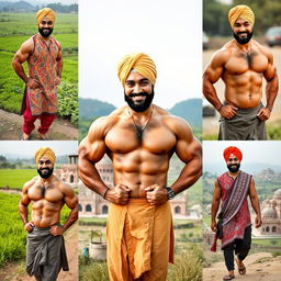 A series of 10-12 images featuring the same muscular Punjabi man named Sunny Singh, wearing a beautifully styled turban