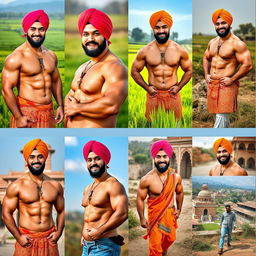 A series of 10-12 images featuring the same muscular Punjabi man named Sunny Singh, wearing a beautifully styled turban