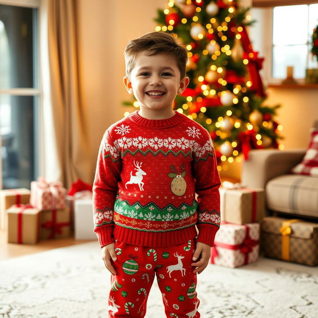 A cheerful boy wearing a colorful Christmas sweater adorned with festive patterns like snowflakes and reindeer, paired with bright red festive Christmas pants featuring playful designs like candy canes and ornaments