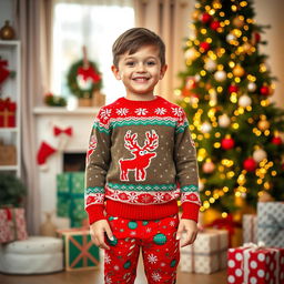 A cheerful boy wearing a colorful Christmas sweater adorned with festive patterns like snowflakes and reindeer, paired with bright red festive Christmas pants featuring playful designs like candy canes and ornaments