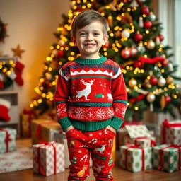 A cheerful boy wearing a colorful Christmas sweater adorned with festive patterns like snowflakes and reindeer, paired with bright red festive Christmas pants featuring playful designs like candy canes and ornaments