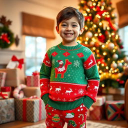 A cheerful boy wearing a colorful Christmas sweater adorned with festive patterns like snowflakes and reindeer, paired with bright red festive Christmas pants featuring playful designs like candy canes and ornaments