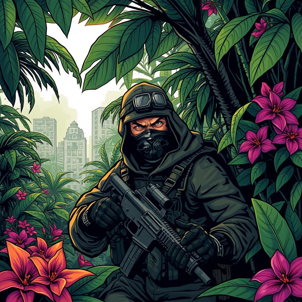 A stylized depiction of a guerrilla fighter in an urban jungle setting, camouflaged among the dense foliage of tropical trees and vibrant flowers, with tactical gear, a determined expression, and a backdrop of an abandoned cityscape partially taken over by nature