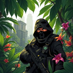 A stylized depiction of a guerrilla fighter in an urban jungle setting, camouflaged among the dense foliage of tropical trees and vibrant flowers, with tactical gear, a determined expression, and a backdrop of an abandoned cityscape partially taken over by nature