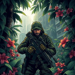 A stylized depiction of a guerrilla fighter in an urban jungle setting, camouflaged among the dense foliage of tropical trees and vibrant flowers, with tactical gear, a determined expression, and a backdrop of an abandoned cityscape partially taken over by nature
