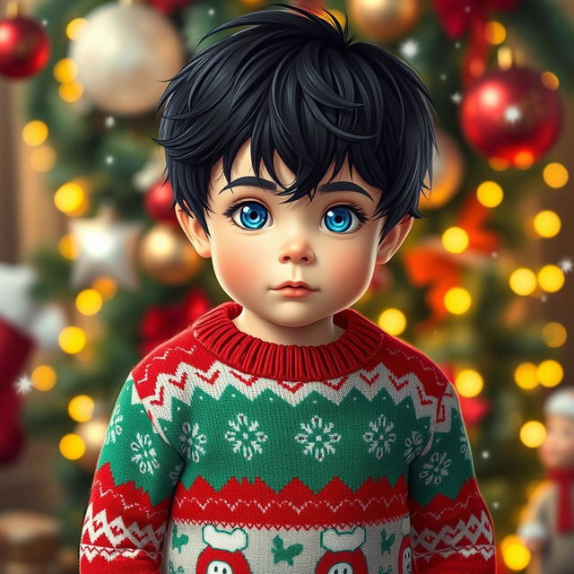 A boy wearing a festive Christmas sweater and Christmas-themed pants, with bright blue eyes