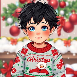 A boy wearing a festive Christmas sweater and Christmas-themed pants, with bright blue eyes