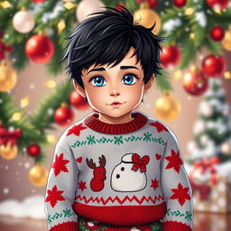 A boy wearing a festive Christmas sweater and Christmas-themed pants, with bright blue eyes