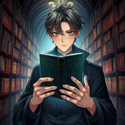 An enchanting light novel cover showcasing a male character with smooth hazel skin and striking hazel eyes, radiating a sense of mystery and intelligence