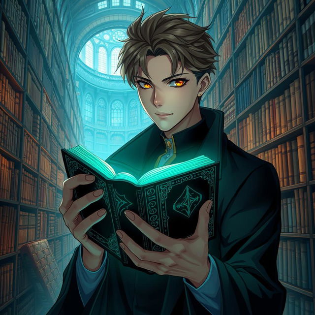 An enchanting light novel cover showcasing a male character with smooth hazel skin and striking hazel eyes, radiating a sense of mystery and intelligence