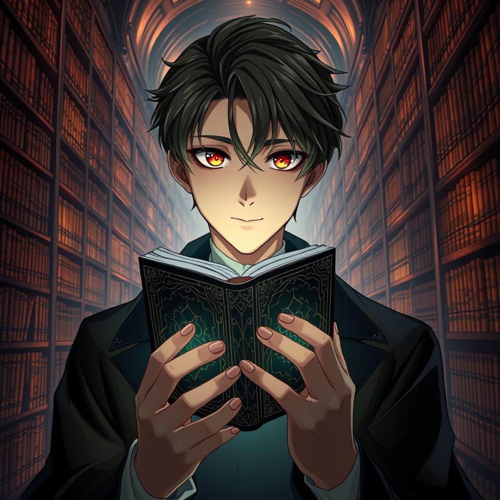 An enchanting light novel cover showcasing a male character with smooth hazel skin and striking hazel eyes, radiating a sense of mystery and intelligence