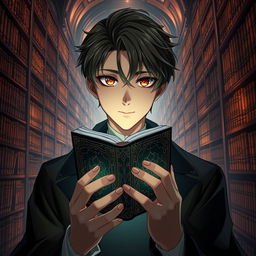 An enchanting light novel cover showcasing a male character with smooth hazel skin and striking hazel eyes, radiating a sense of mystery and intelligence