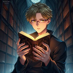 An enchanting light novel cover showcasing a male character with smooth hazel skin and striking hazel eyes, radiating a sense of mystery and intelligence