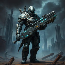 A striking concept of a futuristic marauder in a dystopian setting, wearing a heavily armored suit with intricate designs, blending elements of technology and steampunk aesthetics