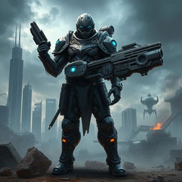 A striking concept of a futuristic marauder in a dystopian setting, wearing a heavily armored suit with intricate designs, blending elements of technology and steampunk aesthetics