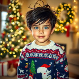 A young boy wearing a festive Christmas sweater and Christmas-themed pants