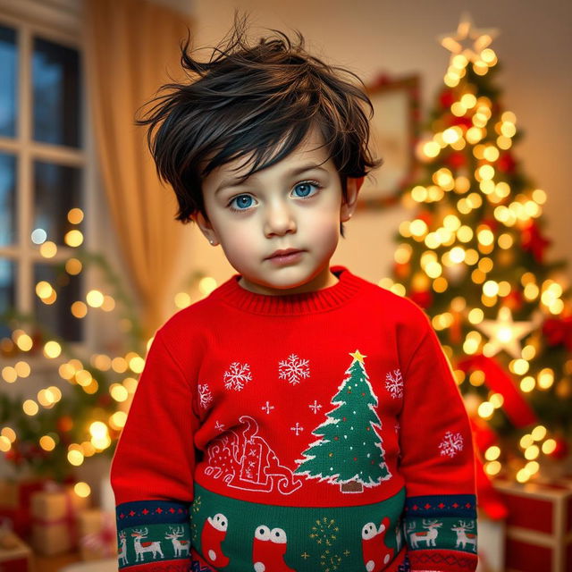 A young boy wearing a festive Christmas sweater and Christmas-themed pants