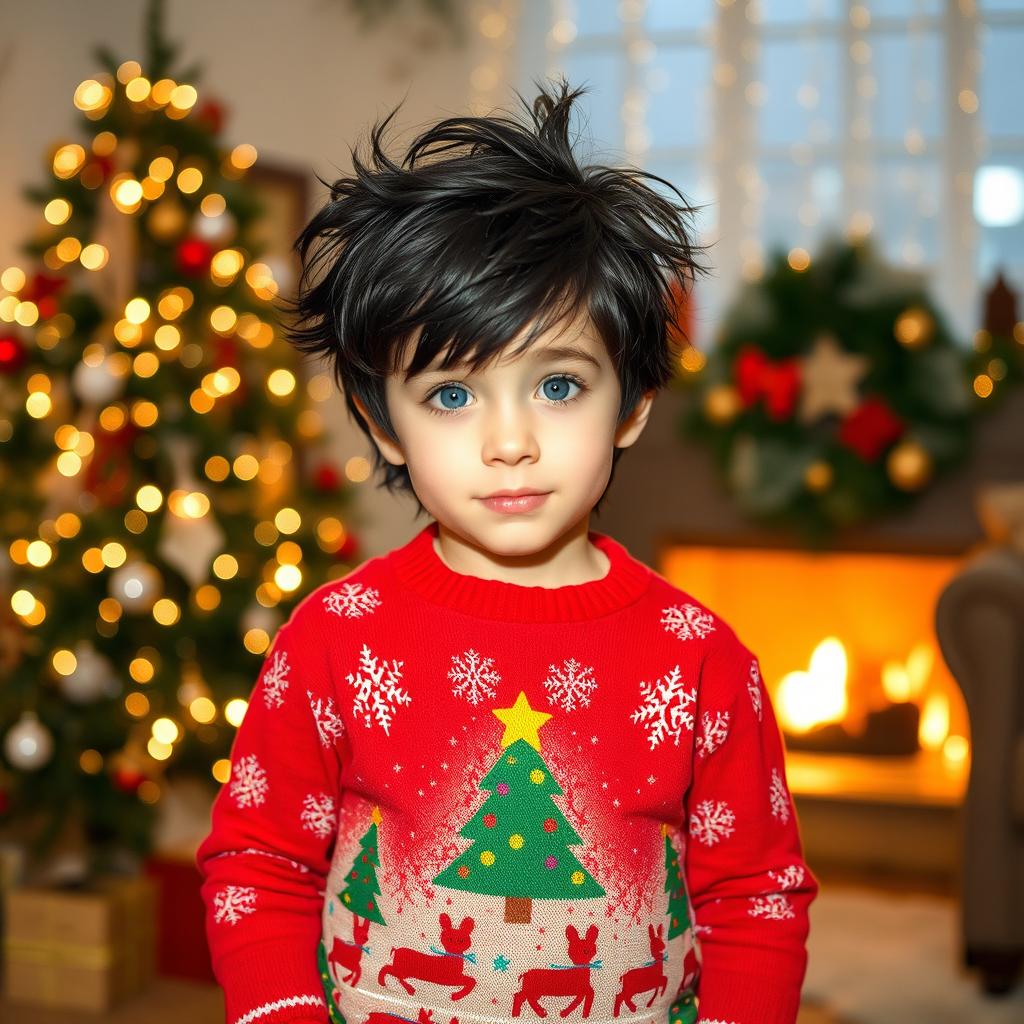 A young boy wearing a festive Christmas sweater and Christmas-themed pants