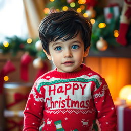A young boy wearing a cheerful Christmas sweater and festive Christmas-themed pants