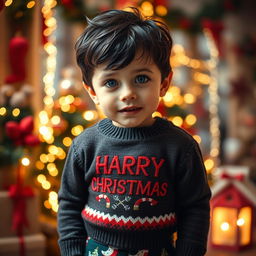 A young boy wearing a cheerful Christmas sweater and festive Christmas-themed pants