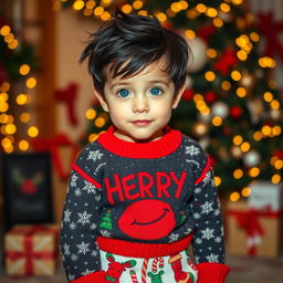 A young boy wearing a cheerful Christmas sweater and festive Christmas-themed pants