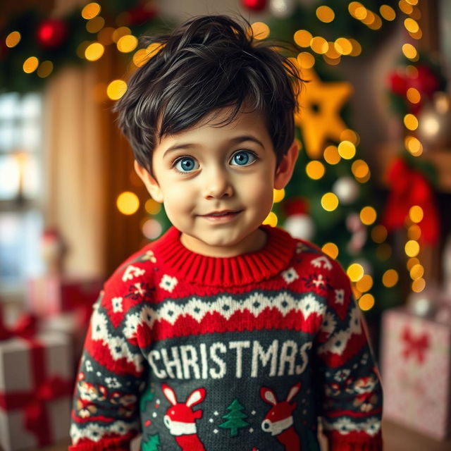 A young boy wearing a cheerful Christmas sweater and festive Christmas-themed pants