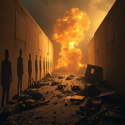 A wide shot depicting the immediate aftermath of a devastating explosion within a mile radius