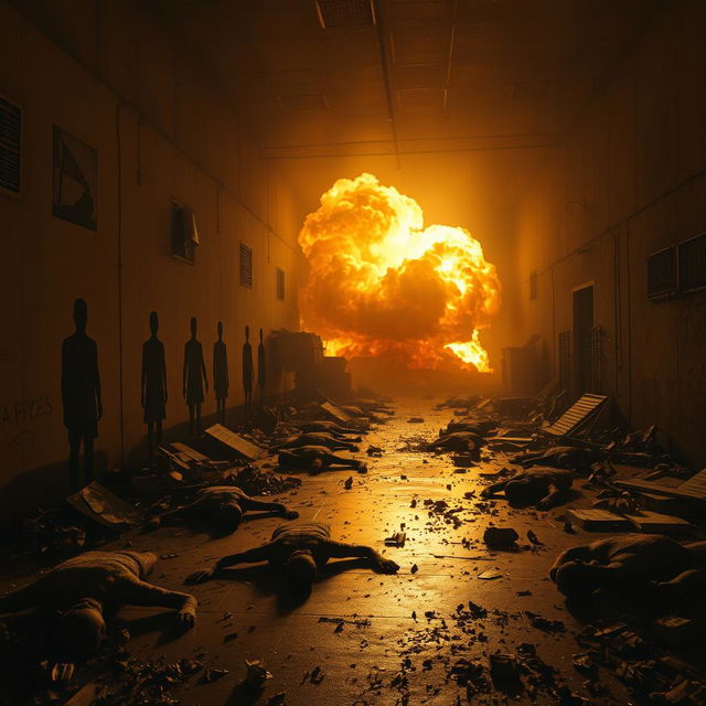 A wide shot depicting the immediate aftermath of a devastating explosion within a mile radius