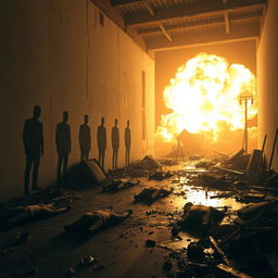 A wide shot depicting the immediate aftermath of a devastating explosion within a mile radius