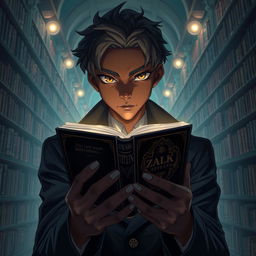 An intriguing light novel cover featuring a black male character with rich, deep skin tone and striking hazel eyes that shine with intelligence and curiosity