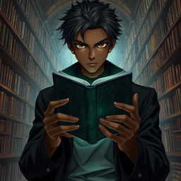 An intriguing light novel cover featuring a black male character with rich, deep skin tone and striking hazel eyes that shine with intelligence and curiosity