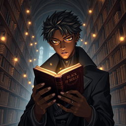 An intriguing light novel cover featuring a black male character with rich, deep skin tone and striking hazel eyes that shine with intelligence and curiosity