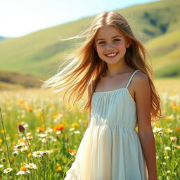 A stunningly beautiful girl with a captivating smile, standing in a sunlit meadow filled with wildflowers
