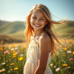 A stunningly beautiful girl with a captivating smile, standing in a sunlit meadow filled with wildflowers