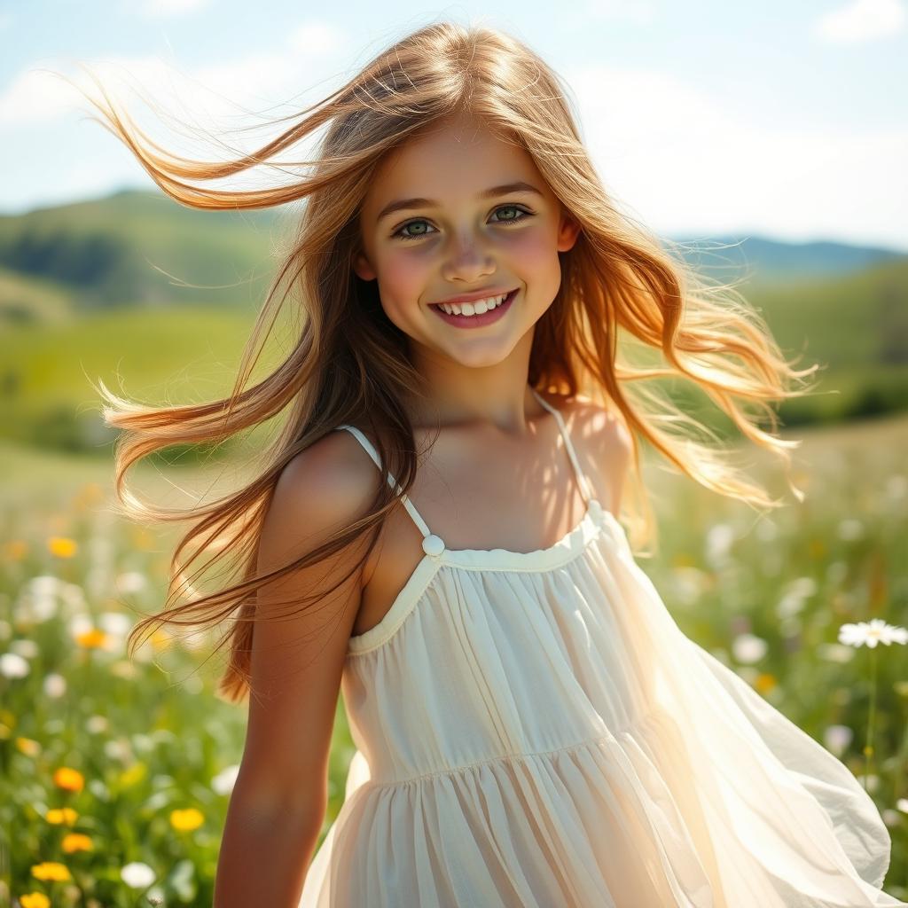 A stunningly beautiful girl with a captivating smile, standing in a sunlit meadow filled with wildflowers