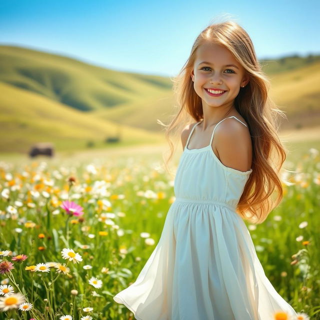 A stunningly beautiful girl with a captivating smile, standing in a sunlit meadow filled with wildflowers